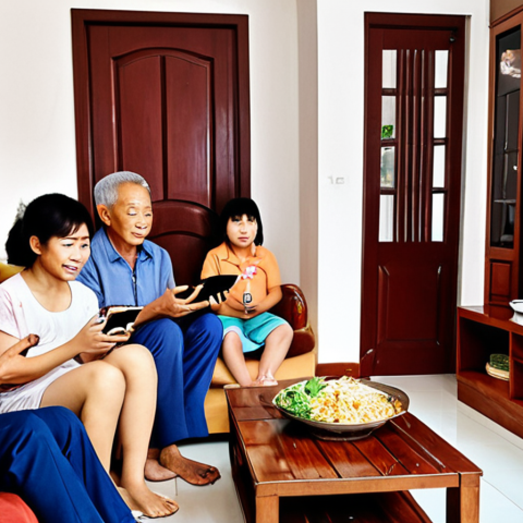 **

A Vietnamese family (grandparents, parents, and children) gathered around a modern living room, some using smartphones/tablets to stream movies, while a traditional TV sits in the corner, illustrating the shift from traditional TV viewing to OTT platforms like Netflix, FPT Play, or VieON. Emphasis on the convenience and accessibility of on-demand streaming in Vietnam. Show various streaming apps logos on the mobile devices.

**