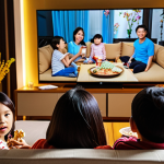 **Cozy Vietnamese Family Movie Night:** A warm, inviting scene of a Vietnamese family (parents and children) relaxing on a comfortable sofa, engrossed in a movie on a large smart TV. Bowls of popcorn and drinks are on a coffee table. The living room is decorated in a modern Vietnamese style with warm lighting. Focus on creating a feeling of togetherness and enjoyment.