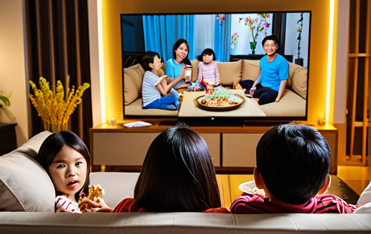 **Cozy Vietnamese Family Movie Night:** A warm, inviting scene of a Vietnamese family (parents and children) relaxing on a comfortable sofa, engrossed in a movie on a large smart TV. Bowls of popcorn and drinks are on a coffee table. The living room is decorated in a modern Vietnamese style with warm lighting. Focus on creating a feeling of togetherness and enjoyment.