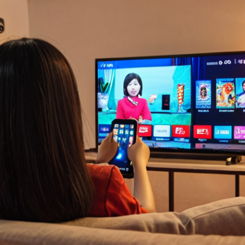 ** A cozy Vietnamese living room scene. In the foreground, a young woman is relaxing on a sofa, using a tablet to watch a movie on a popular OTT platform like VieON or FPT Play. Soft lamplight illuminates the room. In the blurred background, a traditional TV stands unused, gathering dust, symbolizing the shift away from traditional broadcasting. Emphasize the modern and convenient aspects of OTT.

**