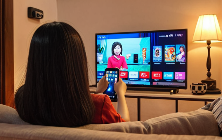 ** A cozy Vietnamese living room scene. In the foreground, a young woman is relaxing on a sofa, using a tablet to watch a movie on a popular OTT platform like VieON or FPT Play. Soft lamplight illuminates the room. In the blurred background, a traditional TV stands unused, gathering dust, symbolizing the shift away from traditional broadcasting. Emphasize the modern and convenient aspects of OTT.

**