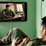 **

A soldier relaxing in their barracks, watching a Vietnamese movie on a tablet. Focus on the relaxed atmosphere and the modern tablet. The movie poster visible on the screen should be of a popular Vietnamese film. Caption idea: High-speed data lets you enjoy movies anytime, anywhere!

**