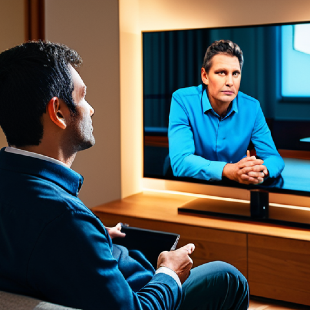 A professional individual, fully clothed in appropriate business casual attire, is thoughtfully watching a large, modern flat-screen television in a cozy, contemporary living room. Their expression conveys deep engagement and contemplation, reflecting the emotional and intellectual value derived from the content. Warm, soft lighting illuminates the scene, emphasizing a comfortable and serene atmosphere for home entertainment. The image portrays a safe for work, appropriate content, fully clothed, family-friendly viewing experience, with perfect anatomy, correct proportions, natural pose, well-formed hands, and proper finger count, captured in professional photography with high quality.