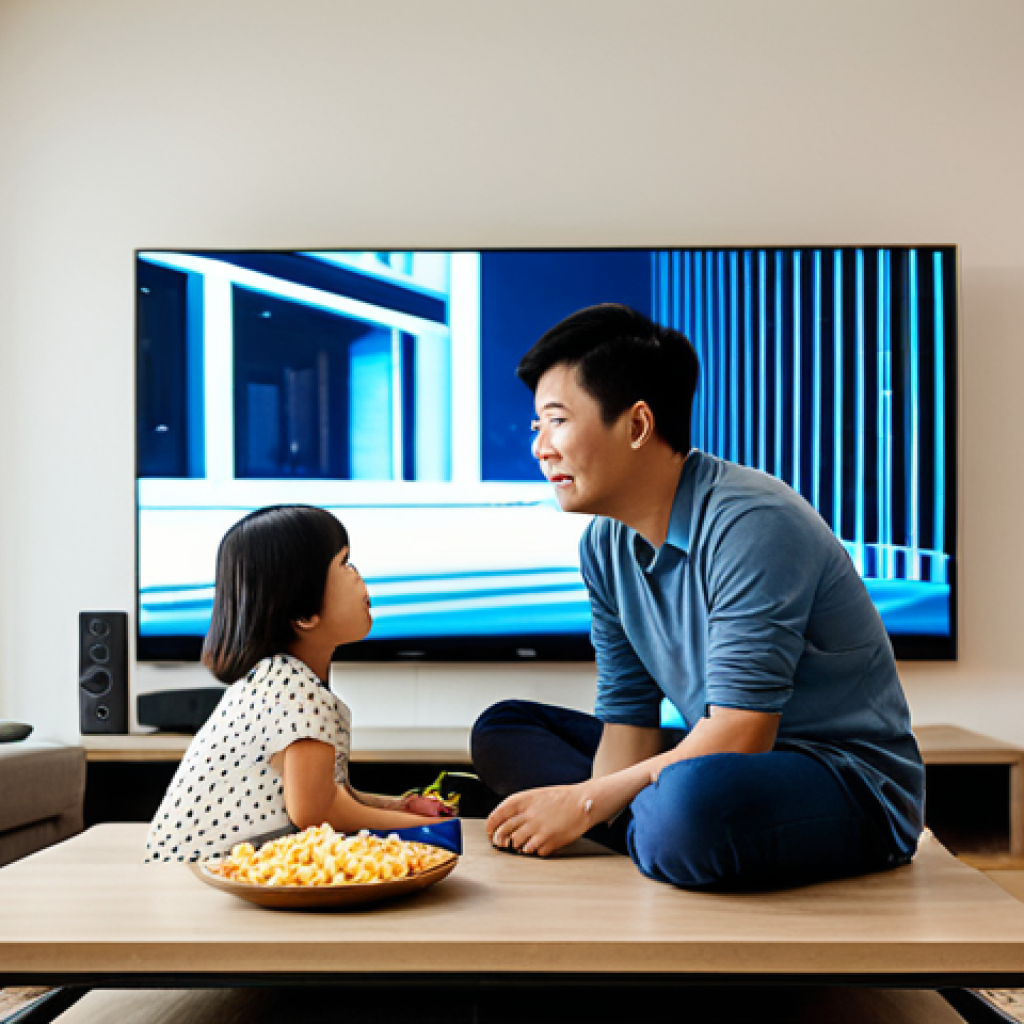 Cozy Home Entertainment**
A Vietnamese family (mother, father, child) are comfortably watching a movie on a large smart TV in their modern living room. The scene is warmly lit, with snacks and drinks on a coffee table. Show the glow of the TV screen illuminating their faces. The movie playing is a popular Vietnamese romantic comedy. The family is fully clothed in modest, comfortable clothes. safe for work, appropriate content, fully clothed, family-friendly, professional quality, perfect anatomy, correct proportions, natural pose, well-formed hands, proper finger count, natural body proportions.
**