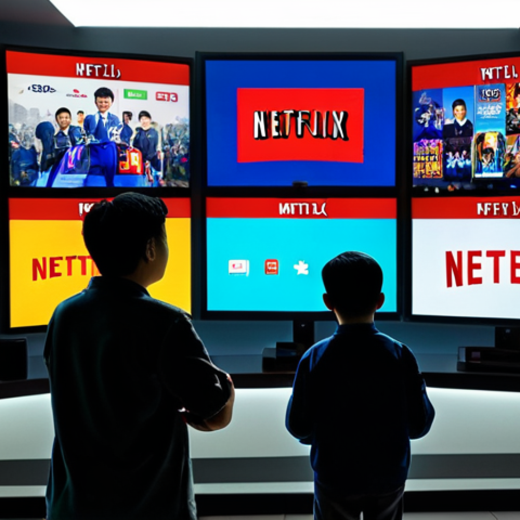 OTT Platform Showdown**
A dynamic and colorful scene depicting the logos of Netflix, FPT Play, VieON, and Galaxy Play competing for attention. The background shows silhouetted figures of Vietnamese families watching screens. Bright, eye-catching, modern, digital art. Safe for work. Appropriate content. Fully clothed. Professional. Perfect anatomy, natural proportions.
**