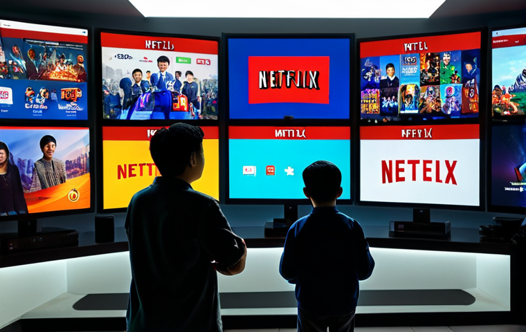 OTT Platform Showdown**
A dynamic and colorful scene depicting the logos of Netflix, FPT Play, VieON, and Galaxy Play competing for attention. The background shows silhouetted figures of Vietnamese families watching screens. Bright, eye-catching, modern, digital art. Safe for work. Appropriate content. Fully clothed. Professional. Perfect anatomy, natural proportions.
**