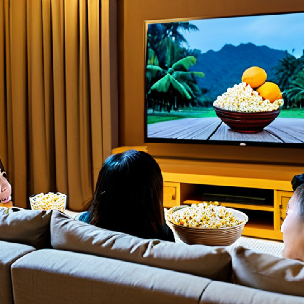 Cozy Movie Night**
A Vietnamese family (parents and two children) are sitting comfortably on a sofa, fully clothed in pajamas, watching a movie on a large TV screen. The living room is decorated with warm lighting and traditional Vietnamese décor. Bowls of trái cây (tropical fruit) and bắp rang bơ (popcorn) are on the coffee table. Focus on the joyful and relaxed atmosphere. Safe for work, appropriate content, fully clothed, family-friendly, professional photography, natural proportions.
**