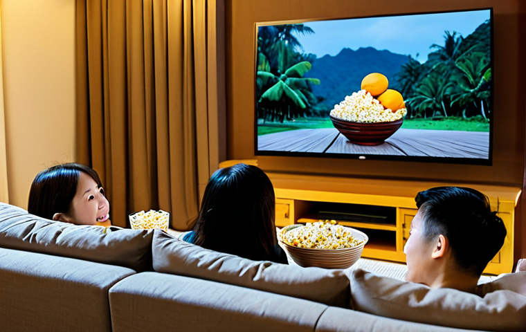 Cozy Movie Night**
A Vietnamese family (parents and two children) are sitting comfortably on a sofa, fully clothed in pajamas, watching a movie on a large TV screen. The living room is decorated with warm lighting and traditional Vietnamese décor. Bowls of trái cây (tropical fruit) and bắp rang bơ (popcorn) are on the coffee table. Focus on the joyful and relaxed atmosphere. Safe for work, appropriate content, fully clothed, family-friendly, professional photography, natural proportions.
**