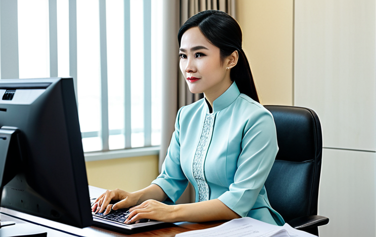 OTT와 IPTV 비교 - A professional businesswoman in a modest ao dai (traditional Vietnamese dress), sitting at a desk in...
