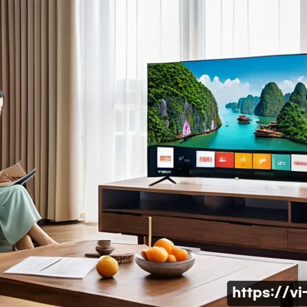 OTT와 스트리밍 권리 문제 - A modern Vietnamese living room setting featuring a young Vietnamese woman browsing a streaming plat...