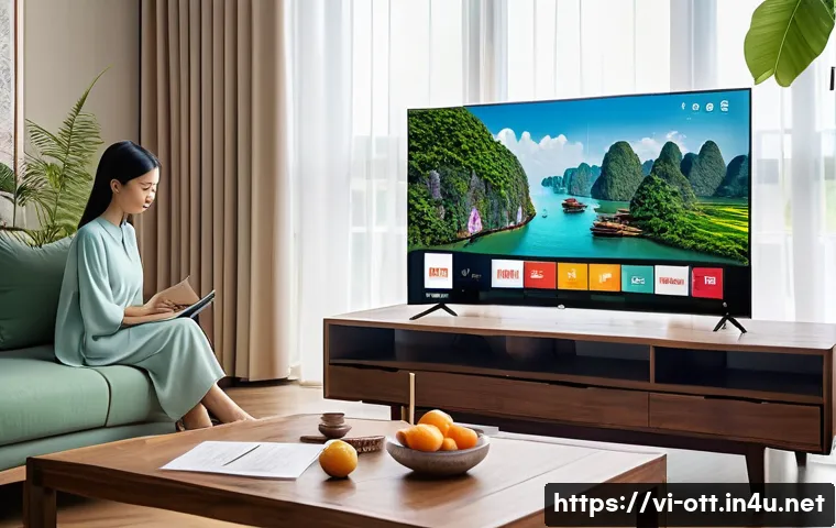 OTT와 스트리밍 권리 문제 - A modern Vietnamese living room setting featuring a young Vietnamese woman browsing a streaming plat...