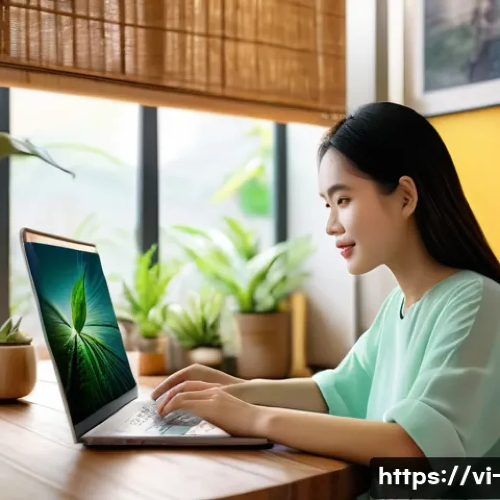 HBO Max 콘텐츠 차이 - A modern Vietnamese living room with a young Vietnamese woman using a laptop to stream HBO Max, disp...