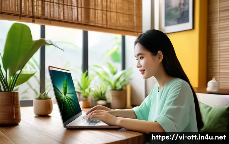 HBO Max 콘텐츠 차이 - A modern Vietnamese living room with a young Vietnamese woman using a laptop to stream HBO Max, disp...