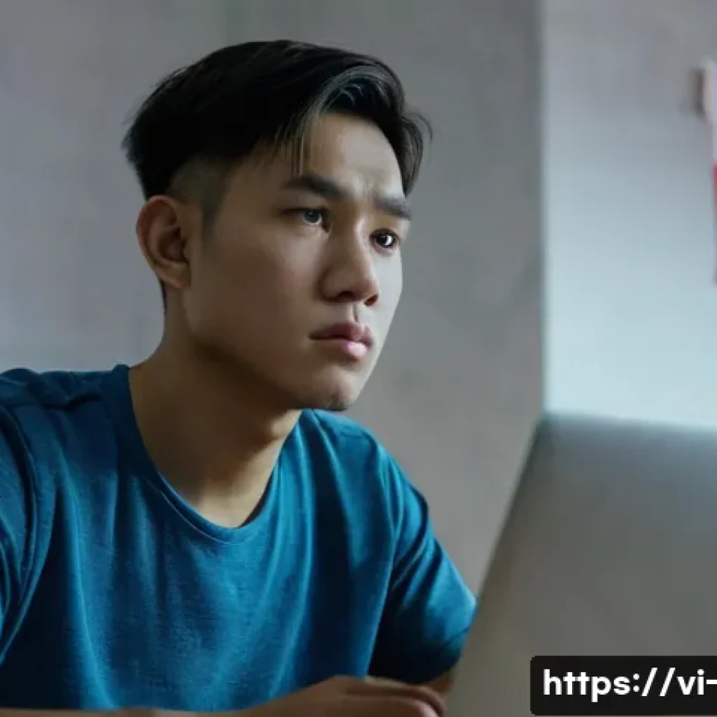 OTT 무료 서비스의 한계 - A frustrated young Vietnamese man sitting in a modest living room, watching a movie on a laptop with...