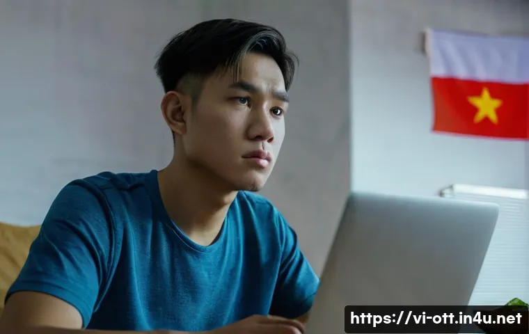 OTT 무료 서비스의 한계 - A frustrated young Vietnamese man sitting in a modest living room, watching a movie on a laptop with...