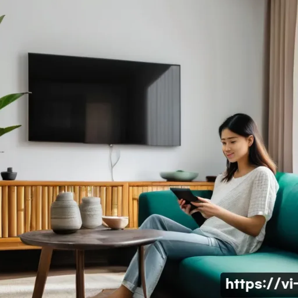 넷플릭스 오프라인 다운로드 - A cozy Vietnamese living room setting featuring a young adult woman comfortably seated on a modern s...