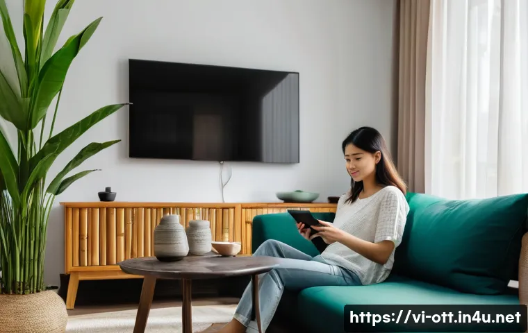 넷플릭스 오프라인 다운로드 - A cozy Vietnamese living room setting featuring a young adult woman comfortably seated on a modern s...