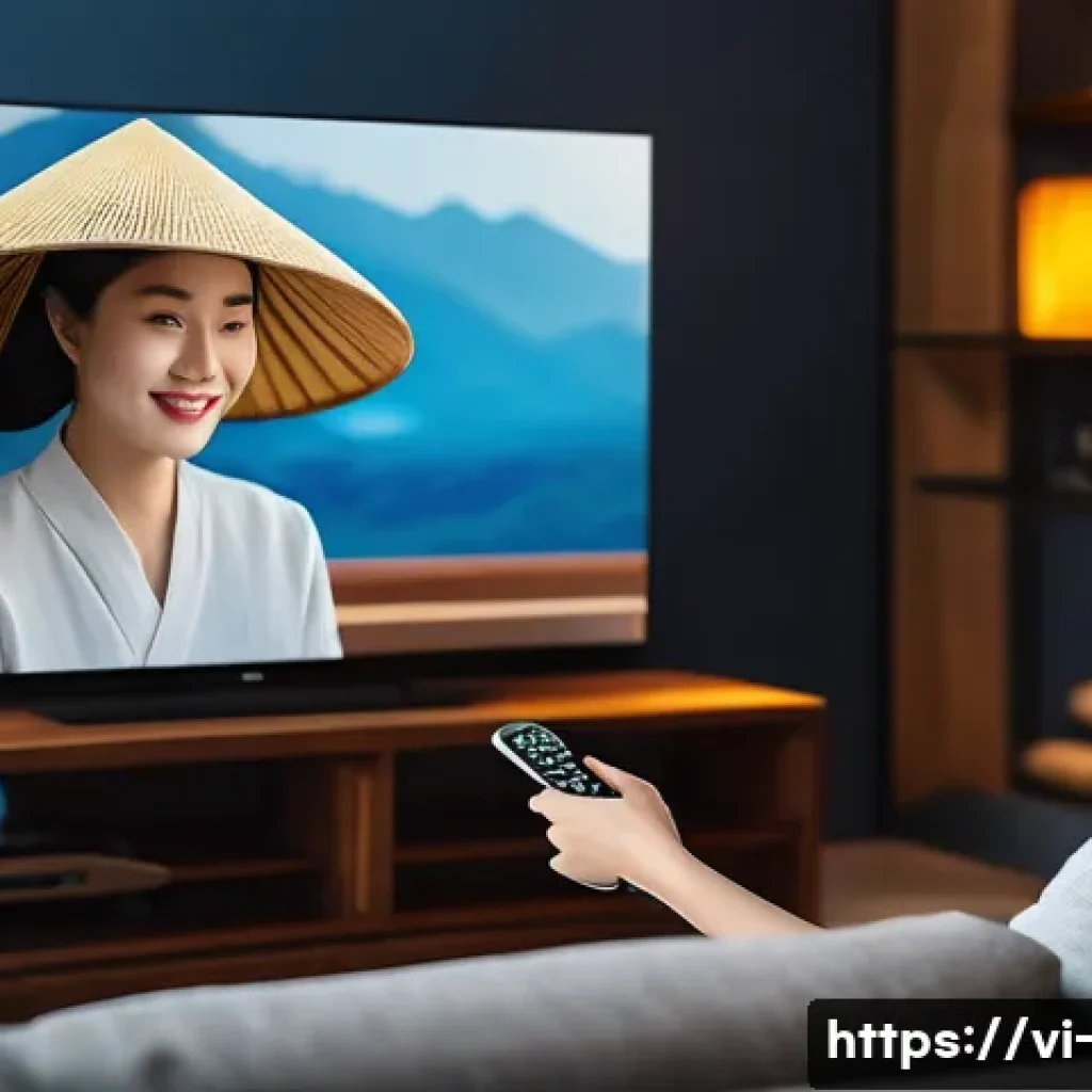 OTT 플랫폼 트렌드 - A modern Vietnamese living room scene showcasing a young adult woman comfortably watching OTT conten...