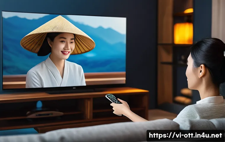OTT 플랫폼 트렌드 - A modern Vietnamese living room scene showcasing a young adult woman comfortably watching OTT conten...