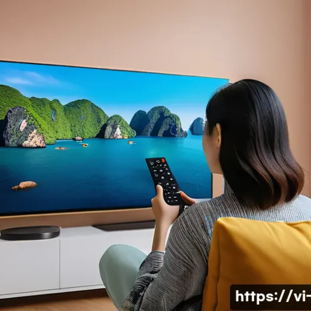 OTT와 미디어 융합 전략 - A modern Vietnamese living room scene featuring a young adult woman comfortably watching a popular O...