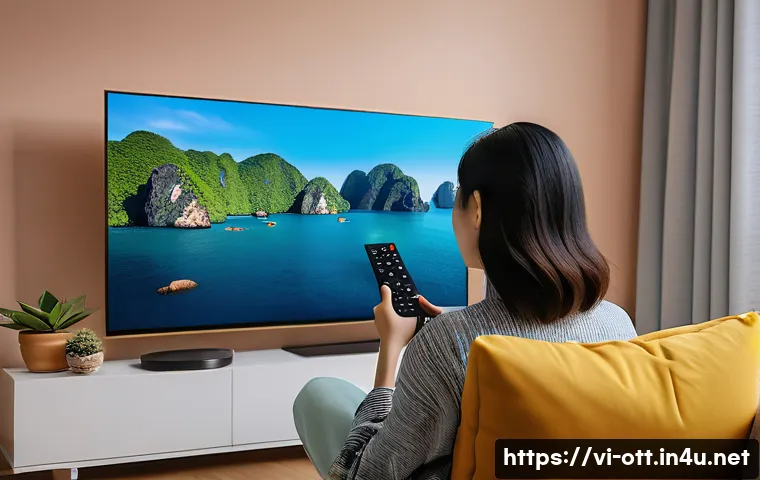OTT와 미디어 융합 전략 - A modern Vietnamese living room scene featuring a young adult woman comfortably watching a popular O...
