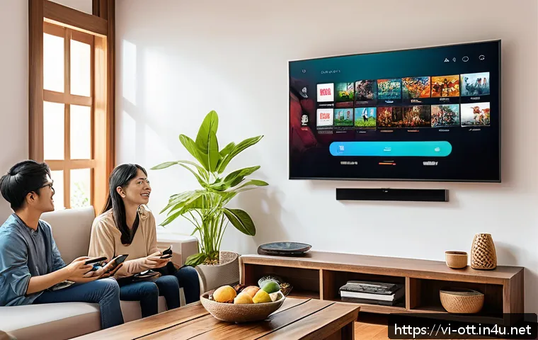 OTT 플랫폼의 차별화 전략 - A modern Vietnamese living room with a diverse group of people of various ages watching a smart TV d...