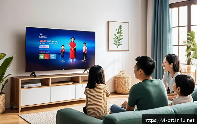 OTT와 엔터테인먼트 혁신 - A modern Vietnamese family enjoying entertainment together in a cozy living room, watching a Vietnam...