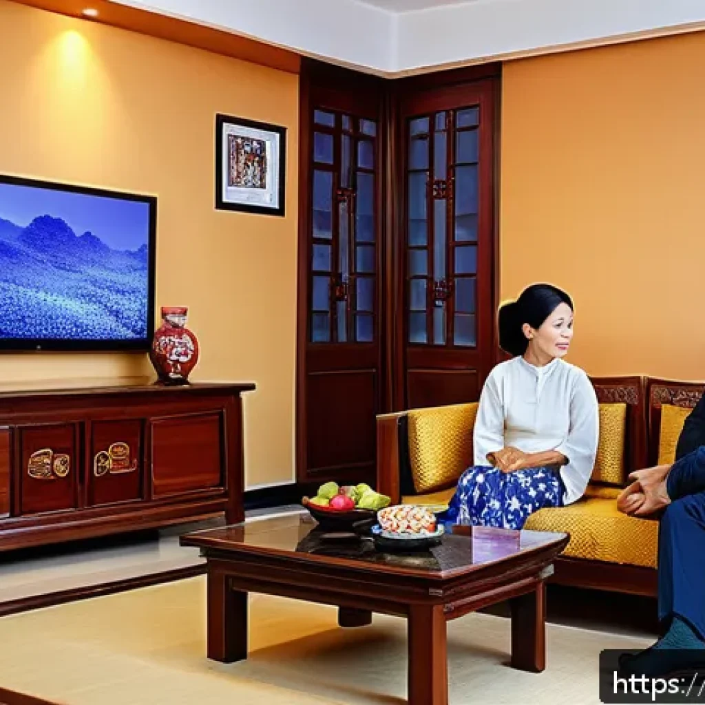OTT와 지역별 인기 콘텐츠 - A cozy living room scene in Northern Vietnam featuring a middle-aged Vietnamese man and woman watchi...