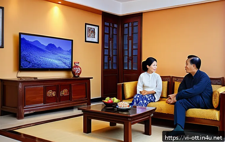 OTT와 지역별 인기 콘텐츠 - A cozy living room scene in Northern Vietnam featuring a middle-aged Vietnamese man and woman watchi...