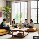 Home 22 OTT와 글로벌 네트워크 - A modern Vietnamese living room scene showing a diverse group of young adults comfortably streaming ...