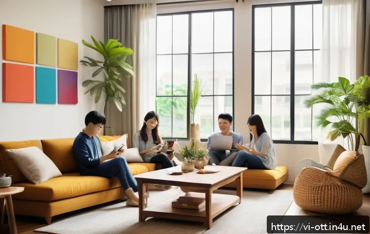 OTT와 글로벌 네트워크 - A modern Vietnamese living room scene showing a diverse group of young adults comfortably streaming ...