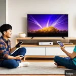 Home 21 OTT 이용률 통계 - A vibrant Vietnamese living room scene showing a young family using multiple OTT devices simultaneou...