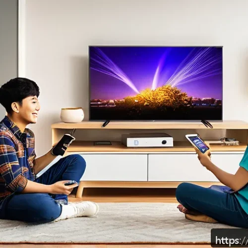 Home 33 OTT 이용률 통계 - A vibrant Vietnamese living room scene showing a young family using multiple OTT devices simultaneou...