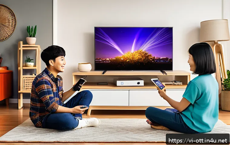 OTT 이용률 통계 - A vibrant Vietnamese living room scene showing a young family using multiple OTT devices simultaneou...