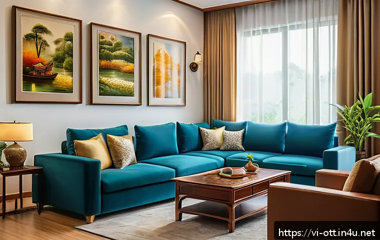 OTT 콘텐츠의 공감 요소 - A warm and inviting Vietnamese living room scene, showcasing a diverse group of people from differen...