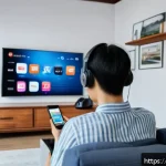 Home 19 OTT의 법적 문제 - A modern Vietnamese living room scene showing a young adult using a smartphone to stream a legal OTT...