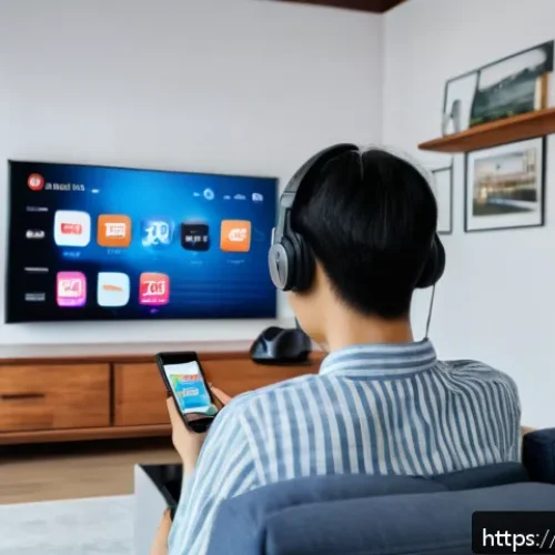 Home 31 OTT의 법적 문제 - A modern Vietnamese living room scene showing a young adult using a smartphone to stream a legal OTT...