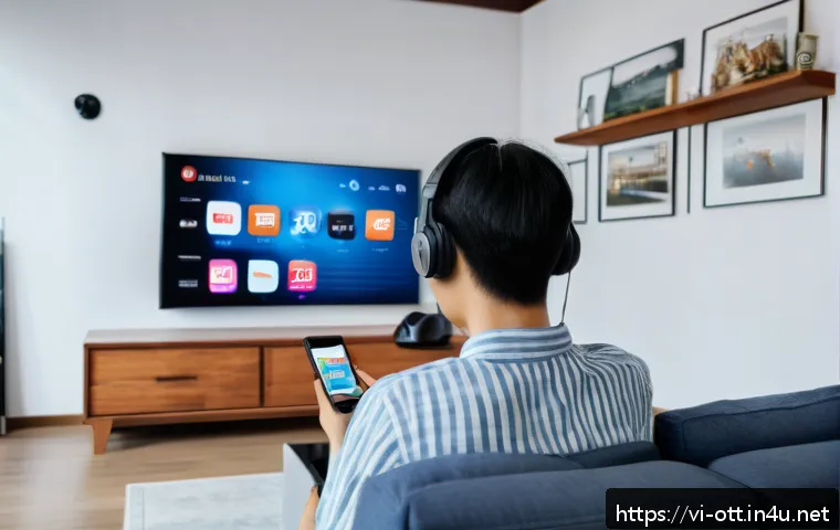 OTT의 법적 문제 - A modern Vietnamese living room scene showing a young adult using a smartphone to stream a legal OTT...