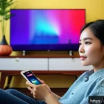 Home 18 OTT와 데이터 분석 활용 사례 - A vibrant Vietnamese urban living room scene at night, a young Vietnamese woman in casual modern clo...