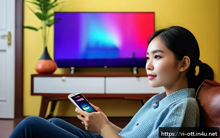 OTT와 데이터 분석 활용 사례 - A vibrant Vietnamese urban living room scene at night, a young Vietnamese woman in casual modern clo...