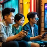 Home 23 OTT 콘텐츠 리뷰 및 평점 - A vibrant Vietnamese urban scene showcasing a young diverse group of people watching OTT movies on v...