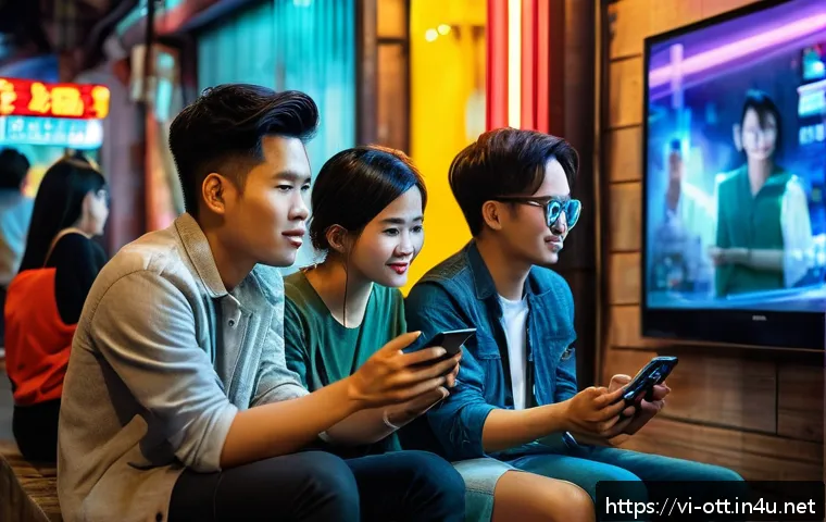 OTT 콘텐츠 리뷰 및 평점 - A vibrant Vietnamese urban scene showcasing a young diverse group of people watching OTT movies on v...