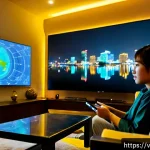 OTT와 데이터 분석 기술 - Photorealistic modern living room in Ho Chi Minh City at night, a Vietnamese young adult watching a ...