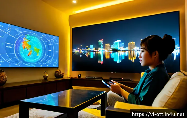 OTT와 데이터 분석 기술 - Photorealistic modern living room in Ho Chi Minh City at night, a Vietnamese young adult watching a ...