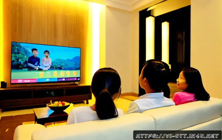 Home 15 OTT와 비디오 온 디맨드 - Photorealistic Vietnamese family of three relaxing in a modern Hanoi apartment living room, watching...